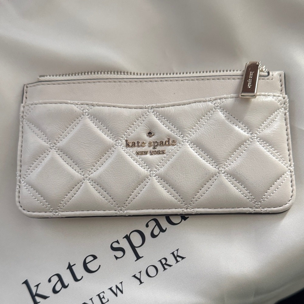 kate spade Quilted White Leather Zip Card Holder Wallet